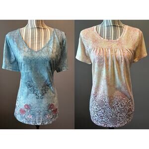 Bundle of 2 Boho Floral Tops Size Large Blue Vintage Style Tee & Peach Ombre Top